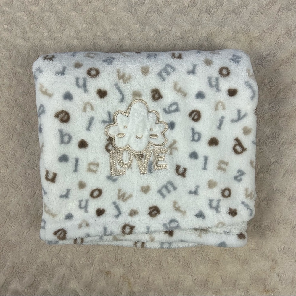 Little & Loved Cloud Love Baby Blanket Letters Alphabet ABC Gray White Heart Tan
